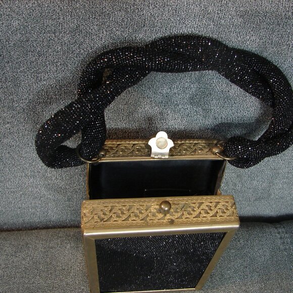 Vintage Purse 1940s Tyrolean Bag Mini Streamer Black Sequin and gold filigree - Picture 7 of 11